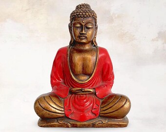 VTG Oriental Buddhism "Sitting Meditating Buddha" Hand Painted Resin Composition Statue - (8.50 inch / 21.5 cm)