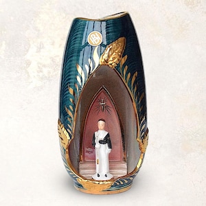 Rare VTG 1934-1963 Belgian "Hubert Bequet" Hand Painted Religious Faience Lamp - Made in Quaregnon, Belgium - (9.75 inch / 24.5 cm)