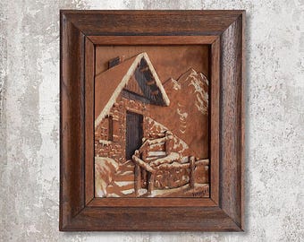 VTG French Mid Century "Chalet In the Mountains" Hand Carved Wood Framed Wooden Artwork - by Artist F. Raugel - Signed - (12 inch / 30.5 cm)