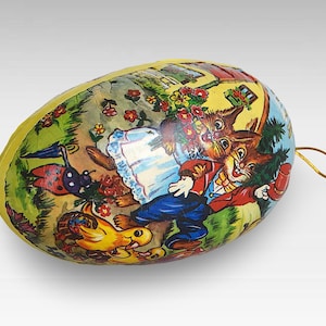 VTG Easter &quot;Papier Mâché&quot; Egg Fillable Candy Container - Spring Decor - &quot;Bunnies & Farm Animals&quot; Easter Tree Decoration - (6 inch / 15 cm)