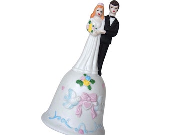 VTG "Wedding Couple" Bell - Hand Painted "Bride & Groom" Bisque Porcelain Wedding Gift - (6 inch / 15.5 cm)