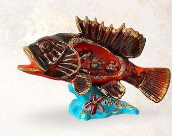 VTG French Mid Century "Vallauris" Hand Painted Kitsch Ceramic Fish Table Lamp - Cannes Edition - Made in France - (16.25 inch / 41 cm)