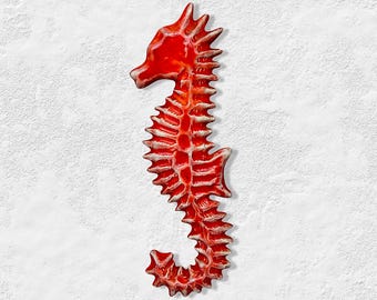 VTG 1970s Red "Seahorse" Ceramic Relief Wall Plaque Decor - (9 inch / 23 cm)