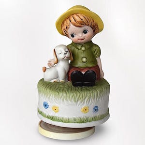 VTG 1970s Rotating Music Box "Big Eyed Child & Puppy" Hand Painted "Outdoor Scene" Bisque Porcelain Figurine - (6.50 inch / 17 cm)