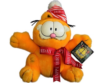 VTG 1978 "Happy Birthday Garfield" Stuffed Cuddly Animal - Plush Toy - by "Paws" - Belgium - Original Label - 1970s - (9 inch / 23 cm)