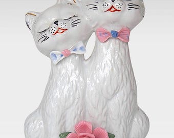 VTG Kitsch Pink Decorated "Long Neck" Ceramic Cats - Hand Painted Porcelain Figurine - Cat Collectible - (7.75 inch / 20 cm)