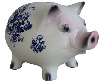 VTG XL "Piggy" Money Bank - Blue Flower Print - Kitsch Ceramic Animal Coin Bank Collectible - (11.50 inch / 29 cm)