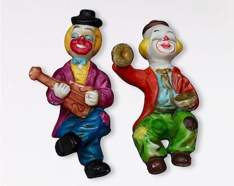 VTG Happy Musical Playing Clown Duo - Hand Painted Bisque Porcelain Figurines - (4.25 inch / 10.5 cm)