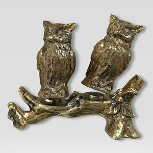 VTG 1980s Japanese &quot;Salt & Pepper&quot; Metal &quot;Owls On Tree Branch&quot; Shakers - (5 inch / 13 cm)