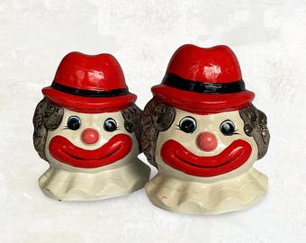 VTG Mid Century Pair "Smiling Clown" Hand Painted Ceramic Head Bust Money Banks - Coin Bank Collectibles - Circus Clowns - (8 inch / 20 cm)
