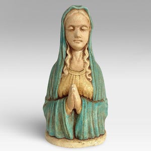 VTG Religious "Praying Blonde Madonna" Bust Statue - Hand Painted "Praying Virgin Mary" Concrete / Plaster Figurine - (10.25 inch / 26 cm)