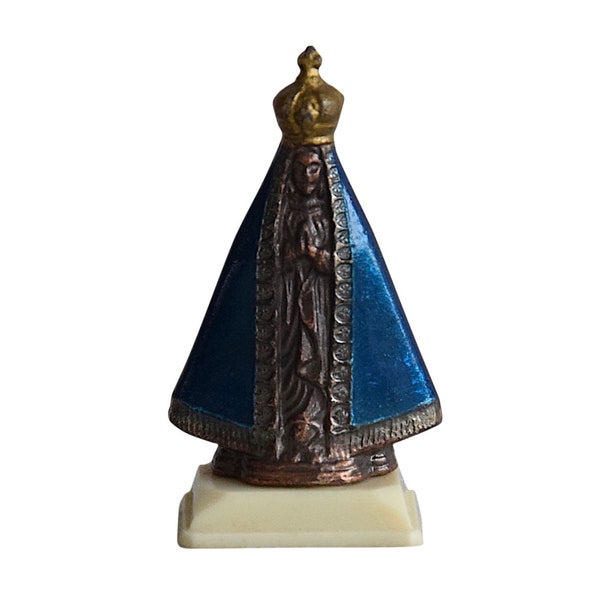 Rare!! VTG Miniature Religious "Madonna" Metal Figurine On Plastic Stand - Virgin Mary Pocket Shrine - (1.85 inch / 4.7 cm)