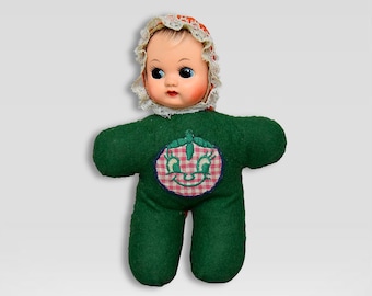 VTG 1960s Squeak &quot;Rubber Face&quot; Baby Doll - Handmade Stuffed &quot;Big Eyed&quot; Rag Doll - (7 inch / 17.5 cm)
