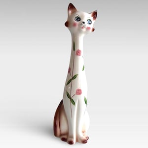 VTG 1960s XL Kitsch Big Eyed &quot;Long Neck&quot; Cat Figurine - Hand Painted Ceramic Statue - Flower Decor - (17.75 inch / 45 cm)