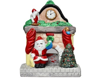 VTG X-mas "Santa Claus & Fireplace With Christmas Decor" Tea Light Holder - Hand Painted Ceramic Christmas Decoration - (5 inch / 12.5 cm)