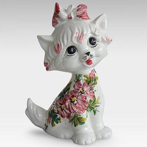 VTG Italian Mid Century Kitsch Pink &quot;Kitty Cat&quot; Money Bank - Hand Painted &quot;Crackle Ceramic&quot; Animal Figurine - Italy - (8.25 inch / 21 cm)