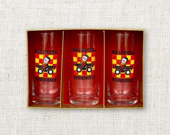 VTG 1960s "Minol Renndienst" German Gift Box With 3 Schnapps Glasses - Mid Century Advertising Collectible - Germany - (3.75 inch / 9.6 cm)