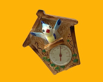 VTG 1950s Kawaii Japanese "Cuckoo" Thermometer Wall Hanging - Mid Century Kitsch Ceramic "Bird In Nest Box" - Japan - (4 inch / 10 cm)