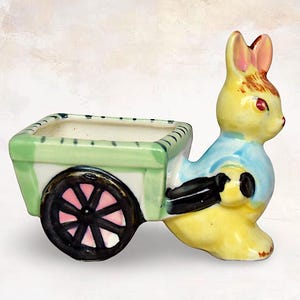 VTG Easter "Bunny with Cart" Hand Painted Porcelain Planter / Pincushion - Easter Collectible - (3.25 inch / 8 cm)