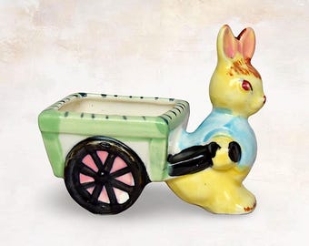VTG Easter "Bunny with Cart" Hand Painted Porcelain Planter / Pincushion - Easter Collectible - (3.25 inch / 8 cm)