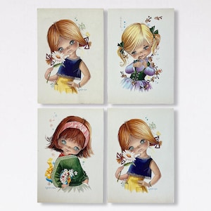 VTG 1960s Kitsch Spanish Gallarda Set of 4 &quot;Big Eyed Girls&quot; Wooden Wall Art Prints - Big Eyes Art - Signed by Artist - (7.75 inch / 20 cm)