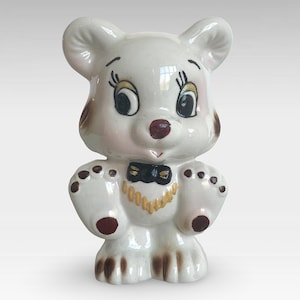 VTG 1960s 70s Kitsch &quot;Mr Bear&quot; Hand Painted Porcelain Money Coin Bank - Ceramic Bear Animal Figurine - Made in China (6.50 inch / 16.5 cm)