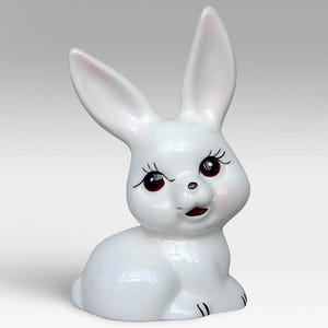 VTG Big Eyed Lovely "Bunny" Hand Painted Porcelain Money Bank - Ceramic Rabbit Animal Figurine - Made in China.