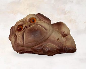 Rare VTG 1980s Expressive "Amber Glass Eyed" Concrete Dog Figurine - Hand Painted Ceramic Dog Sculpture Collectible - (6.75 inch / 17 cm)