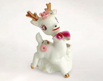 VTG Mid Century Kitsch Kawaii Big Eyed "Pink Bow Tie Deer" Gilded Hand Painted Porcelain Animal Figurine Planter - Japan - (6 inch / 15 cm)