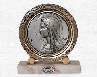 VTG French "Our Lady of Lourdes" Souvenir Plaque On Marble Base - Virgin Mary - Lourdes - France - (6.50 inch / 16.5 cm)