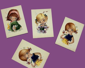 VTG 1960s Kitsch Spanish Gallarda Set of 4 "Big Eyed Girls" Wooden Wall Art Prints - Big Eyes Art - Signed by Artist - (7.75 inch / 20 cm)