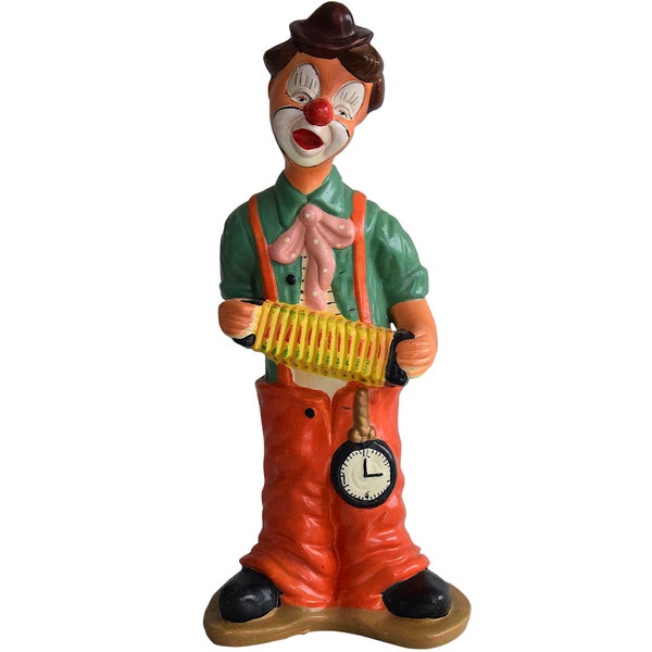 VTG 1980s Large Terracotta "Musical Clown With Pocket Watch" Hand Painted Ceramic Statue - Clown Collectible - (15 inch / 38 cm)