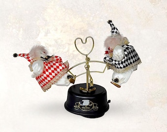 Rare VTG 1950-1974 Japanese Kawaii "Little Puff" Special Music Box - Moving Clown Dolls - Wind Up - Nagaya - Japan - (9.75 inch / 25 cm)