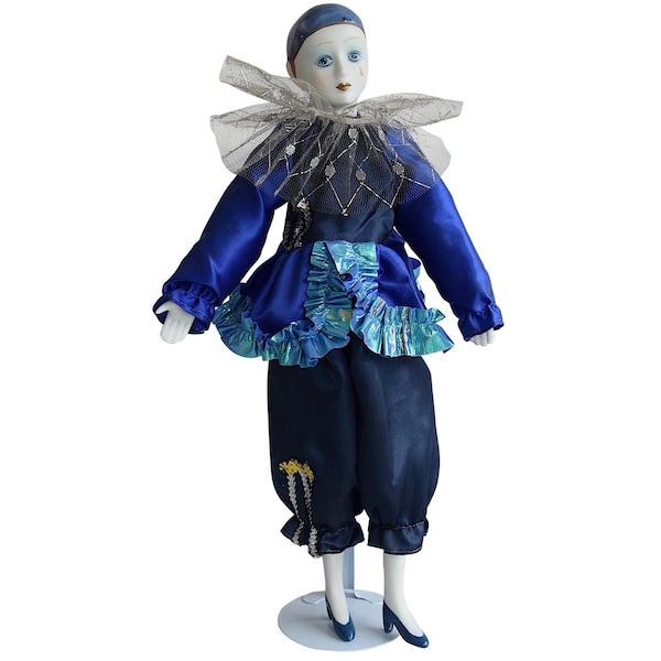 VTG Porcelain Venetian "Pierrot" Doll With Stand - Hand Painted Face - Handmade Costume - Venice Carnival - (15.50 inch / 39.50 cm)