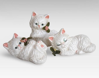 3 VTG Kitsch "White Kittens" Hand Painted Ceramic Animal Figurines - Cat Collectibles - (4.25 inch / 10.5 cm)