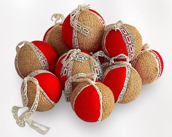 VTG X-mas Set (10) Boho "Jute, Red Fabric & Lace" Christmas Balls - Christmas Tree Hanging Decoration (2.25 inch / 6 cm) (2.75 inch / 7 cm)