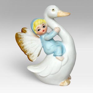 Rare VTG 1950s &quot;Child Fairy With Butterfly Wings On Goose&quot; Hand Painted Bisque Porcelain Figurine - (3.75 inch / 9.3 cm)