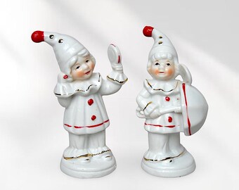 VTG "Clown Kids" Duo - Hand Painted Porcelain "Pierrot" Figurines - (5 inch / 12.5 cm)