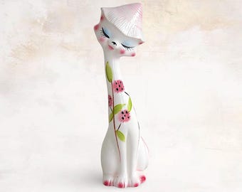 ヴィンテージの手描き陶器の長い首の猫 - イタリア製、ミッド