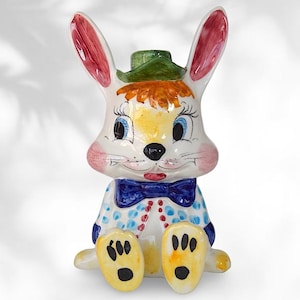 VTG MCM Italian "Quadrifoglio" Big Eyed "Bunny" Money Bank - Hand Painted Art Pottery Figurine - Made in Italy - Marked - (8 inch / 20 cm)