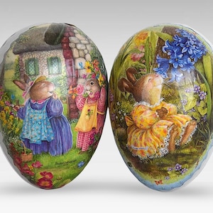 VTG Easter German Set (2) &quot;Papier Mâché&quot; Egg Fillable Candy Containers - Susan Wheeler Easter Decor - Nestler - Germany - (3.50 inch / 9 cm)