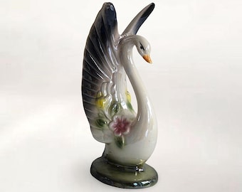 VTG Mid Century Kitsch Lusterware "Floral Swan" Ceramic Statue / Figurine - (8.75 inch / 22 cm)
