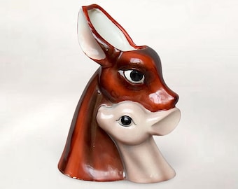 VTG Mid Century Lovely "Deer & Fawn" Vase - 1950s Hand Painted Ceramic Kitsch Planter - (7.50 inch / 19 cm)