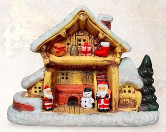 VTG X-mas Large "Santa Claus House" Tea Light Holder - Hand Painted Ceramic Christmas Decoration - (8.50 inch / 21.5 cm)