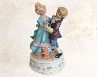 VTG 1960s "Sankyo Japan" Rotating Music Box "Victorian Couple" Hand Painted "Gala Scene" Bisque Porcelain Figurine (7.75 inch / 19.5 cm)
