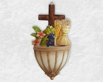 VTG 20th C. "JHS Crucifix" Holy Water Font - Hand Painted Resin Holy Water Vessel - Religious Wall Hanging - (5.50 inch / 14 cm)