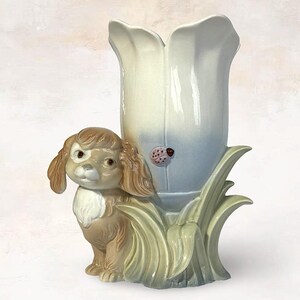 VTG Kitsch Spanish "Porceval" Dog Flower Pot / Planter / Vase - Hand Painted Porcelain Faience Figurine - Made in Spain - (9 inch / 23 cm)