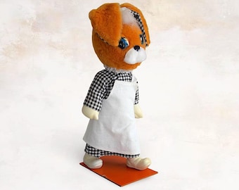 Rare VTG Mid Century Kitsch Large Free Standing "Cook Bunny" Molded Plastic Dressed Animal Plush Toy Doll Collectible - (17.25 inch / 44 cm)