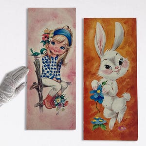 VTG 1960s Kitsch Set (2) Large &quot;Big Eyed Girl & Bunny&quot; Wooden Wall Art Prints - Big Eyed Children Art - Numbered - (19.25 inch / 49 cm)