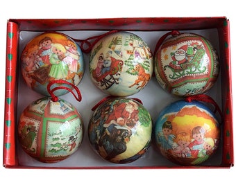 VTG X-mas 1980s Set Of 6 Paper Mâché Christmas Balls - "Various Decors" - Christmas Tree Hanging Decoration - (2.75 inch / 7 cm)